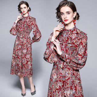Long-sleeve Print Tie-waist Midi A-line Dress