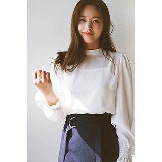 Mock-neck Smock-cuff Chiffon Top