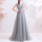 Short-sleeve Floral Detail Ball Gown