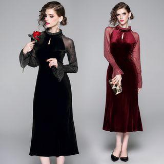 Mesh-sleeve Sheath Midi Velvet Dress