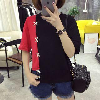 Lace-up Two-tone Elbow-sleeve T-shirt