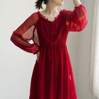 Sheer Long-sleeve Gathered-waist Dress
