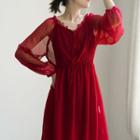 Sheer Long-sleeve Gathered-waist Dress