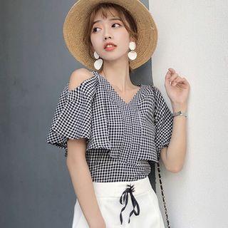 Plaid Cold-shoulder V-neck Ruffle Top / Drawstring High-waist Shorts