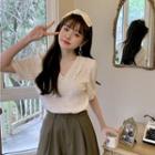 Peter Pan Collar Ruched Puff Short-sleeve Top Almond - One Size