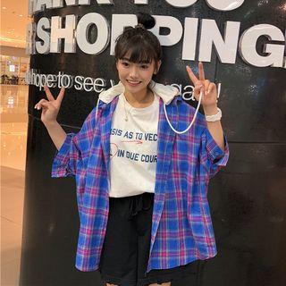 Elbow-sleeve Hooded Plaid Shirt