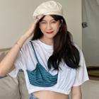 Mock Two-piece Elbow-sleeve Cropped T-shirt