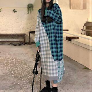 Plaid Panel Midi Sweater Dress Plaid - Gray & White & Green - One Size