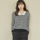 Contrast-collar Stripe Knit Top Black - One Size