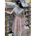 Short-sleeve Eyelet Lace Collar Floral A-line Dress