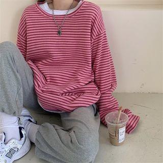 Striped Long-sleeve Loose-fit Top - 2 Colors