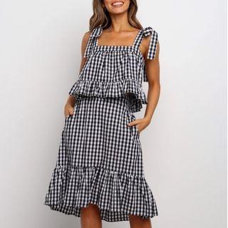 Set: Checked Spaghetti Strap Top + A-line Skirt