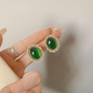 Oval Faux Gemstone Alloy Earring 1 Pair - S925 Silver Needle - Green - One Size