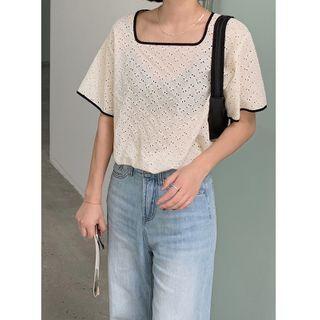 Short-sleeve Square-neck Pointelle Knit Top Sapphire Blue - One Size