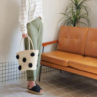 Pompom-embellished Straw Tote