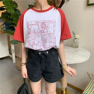 Pig Print Color Block Elbow-sleeve T-shirt