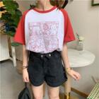 Pig Print Color Block Elbow-sleeve T-shirt
