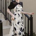 Set: Spaghetti Strap Midi A-line Dress + Short-sleeve Top