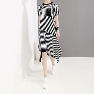 Short-sleeve Striped Paneled Asymmetric T-shirt Dress Black - One Size