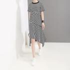 Short-sleeve Striped Paneled Asymmetric T-shirt Dress Black - One Size