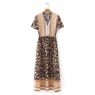 V-neck Floral Drawstring-waist Midi A-line Dress