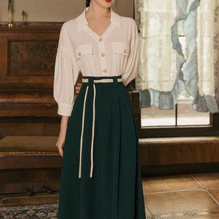 Set: Shirt + Belt + Midi A-line Skirt