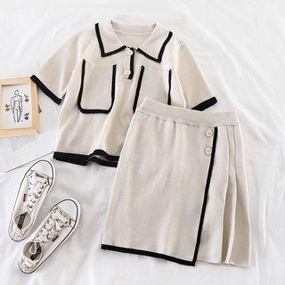 Short-sleeve Knit Top + Pleated Skirt Almond - One Size