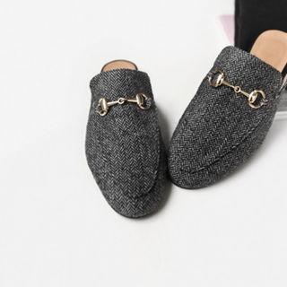 Metal-trim Backless Herringbone Loafers