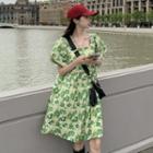 Short-sleeve Square Neck Floral A-line Dress Green Flowers - Beige - One Size