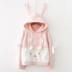 Rabbit Embroidered Hoodie Fleece Lining - Pink - One Size