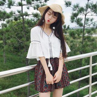 Tasseled Embroidered Elbow Sleeve Top / Patterned Shorts