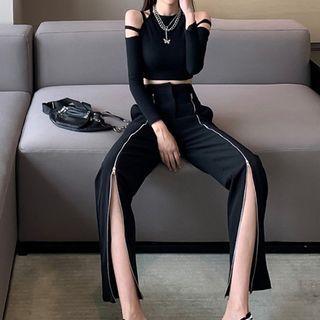 Long-sleeve Cold-shoulder Crop Top / Zipped Straight Leg Pants