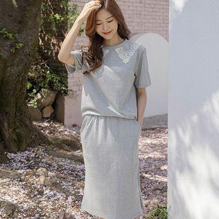 Set: Lace-trim T-shirt + H-line Midi Skirt