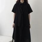 Mock Two Piece Plain Shirt Dress Black - One Size