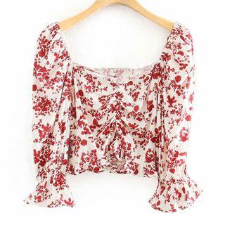 Floral Print Ruched Bell-sleeve Blouse