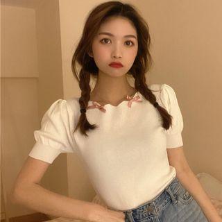 Short-sleeve Ribbon-accent Knit Top