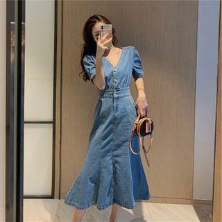 Short-sleeve Denim Midi Mermaid Dress