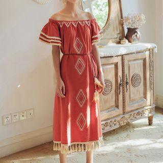 Short-sleeve Off Shoulder Embroidered Midi A-line Dress