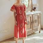 Short-sleeve Off Shoulder Embroidered Midi A-line Dress