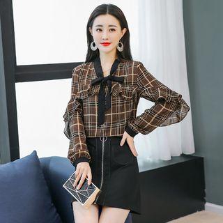 Tie-neck Ruffle Plaid Blouse / Zip Skirt
