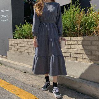 Band-waist Tiered Napped Long Dress