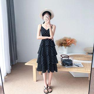 Polka Dot Layered Sleeveless V-neck Chiffon Dress