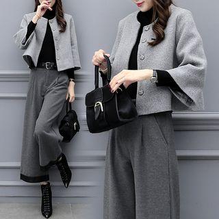 Set: 3/4-sleeve Button Jacket + Wide-leg Cropped Pants