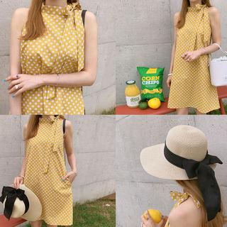 Halter-neck Sleeveless Dotted Dress Yellow - One Size
