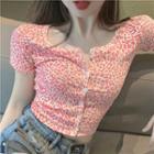 Short-sleeve Leopard Print Crop Top Pink - One Size