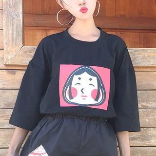 Set: Printed 3/4-sleeve T-shirt + Wide Leg Shorts