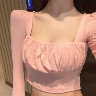 Square-neck Fold Long-sleeve Top
