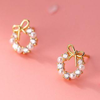 Bow Sterling Silver Rhinestone Earring 1 Pair - Silver - One Size