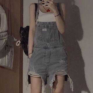 Distressed High-low Denim Jumper Shorts
