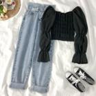 Chiffon Sleeve Knit Top / Straight-cut Jeans